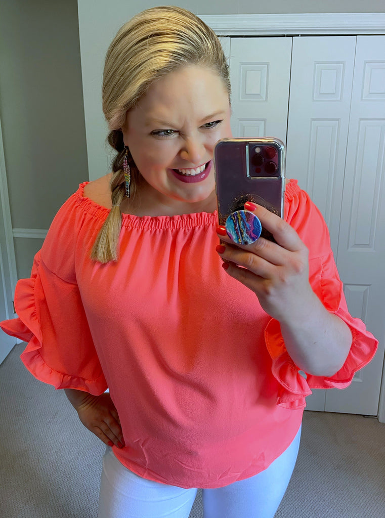 Off-the-Shoulder Top with Ruffle Sleeve Detail in Neon Coral-Villari Chic, women's online fashion boutique in Severna, Maryland