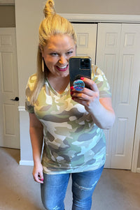 Olivia V-Neck Tee in Green Camo-Villari Chic, women's online fashion boutique in Severna, Maryland