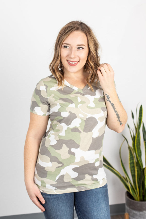 Olivia V-Neck Tee in Green Camo-Villari Chic, women's online fashion boutique in Severna, Maryland