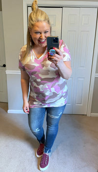 Olivia V-Neck Tee in Purple-Pink Camo-Villari Chic, women's online fashion boutique in Severna, Maryland