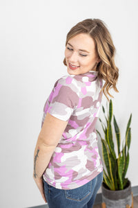 Olivia V-Neck Tee in Purple-Pink Camo-Villari Chic, women's online fashion boutique in Severna, Maryland