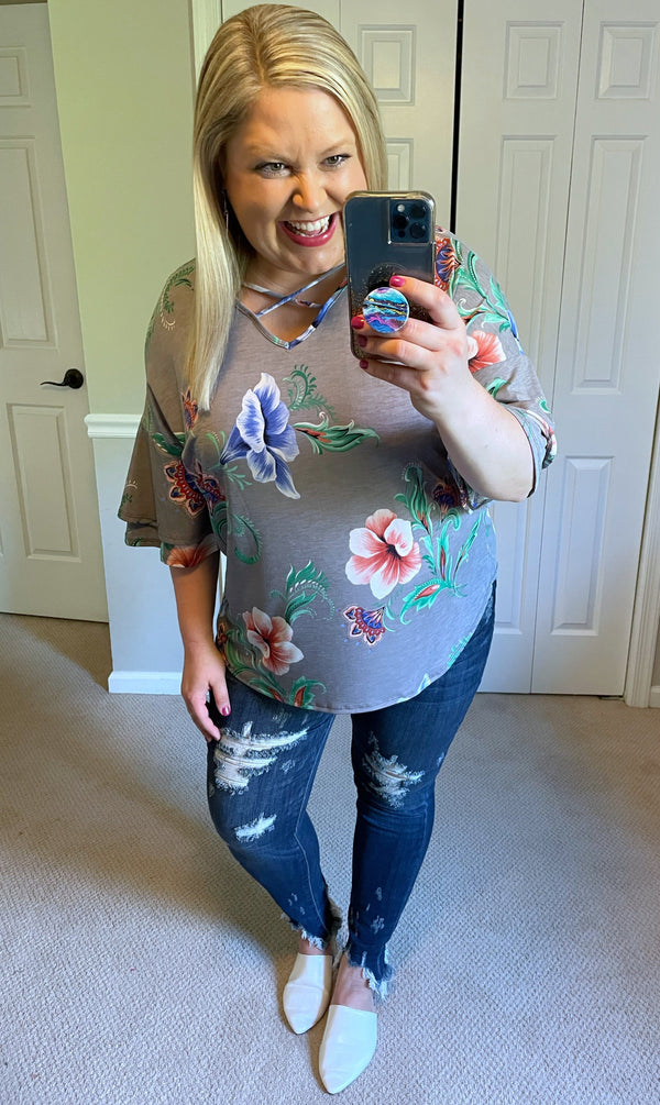 Paisley & Floral Mix Ruffle-Sleeve Top in Grey-Villari Chic, women's online fashion boutique in Severna, Maryland