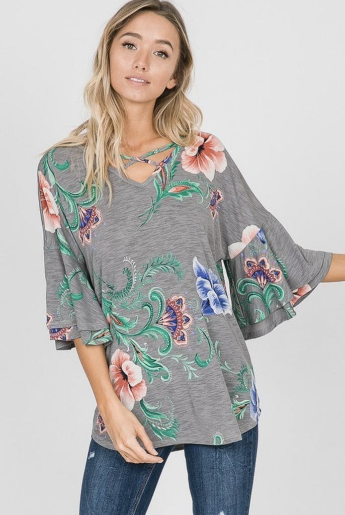 Paisley & Floral Mix Ruffle-Sleeve Top in Grey-Villari Chic, women's online fashion boutique in Severna, Maryland