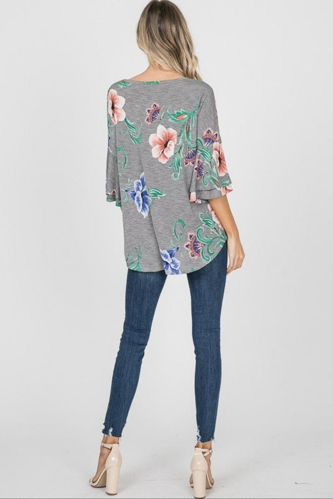 Paisley & Floral Mix Ruffle-Sleeve Top in Grey-Villari Chic, women's online fashion boutique in Severna, Maryland