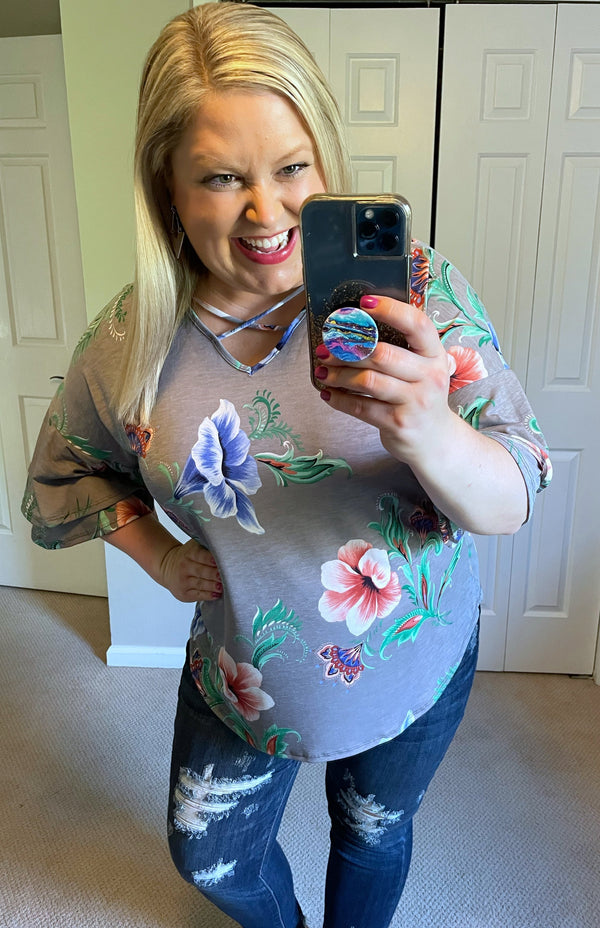 Paisley & Floral Mix Ruffle-Sleeve Top in Grey-Villari Chic, women's online fashion boutique in Severna, Maryland