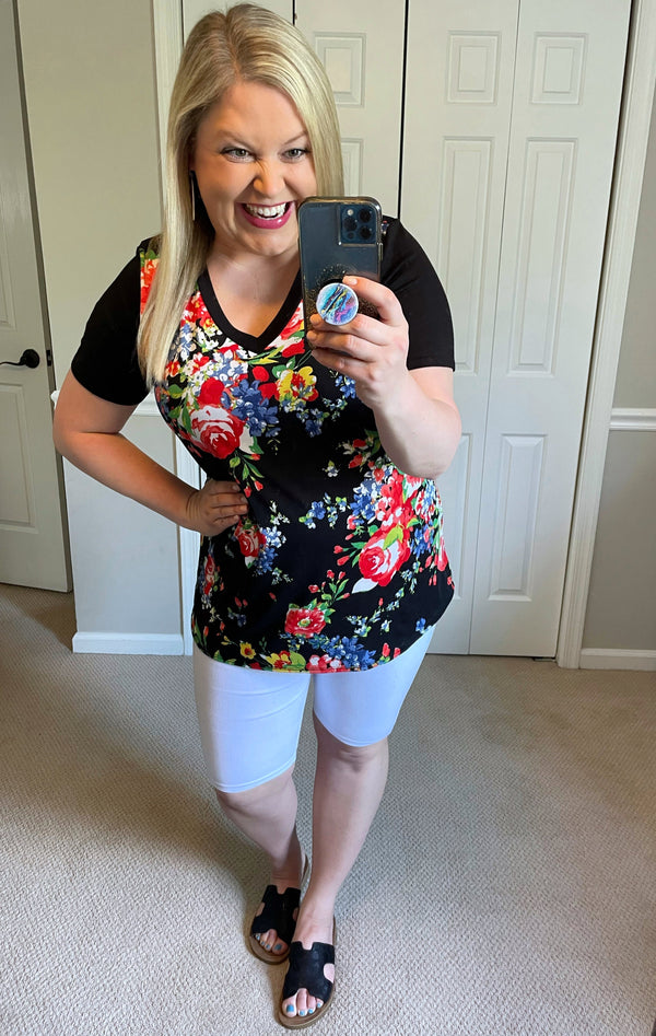 Pop of Color Floral V-Neck Tee in Black-Villari Chic, women's online fashion boutique in Severna, Maryland