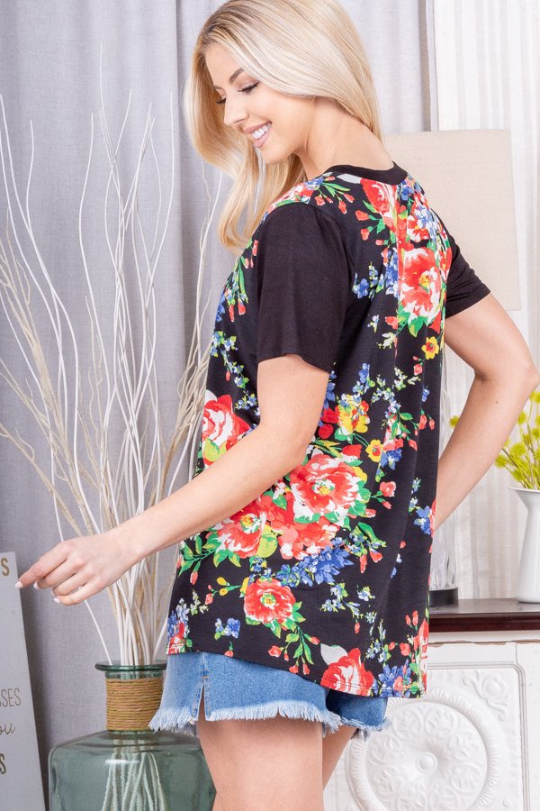 Pop of Color Floral V-Neck Tee in Black-Villari Chic, women's online fashion boutique in Severna, Maryland