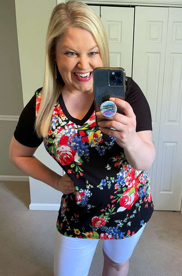 Pop of Color Floral V-Neck Tee in Black-Villari Chic, women's online fashion boutique in Severna, Maryland