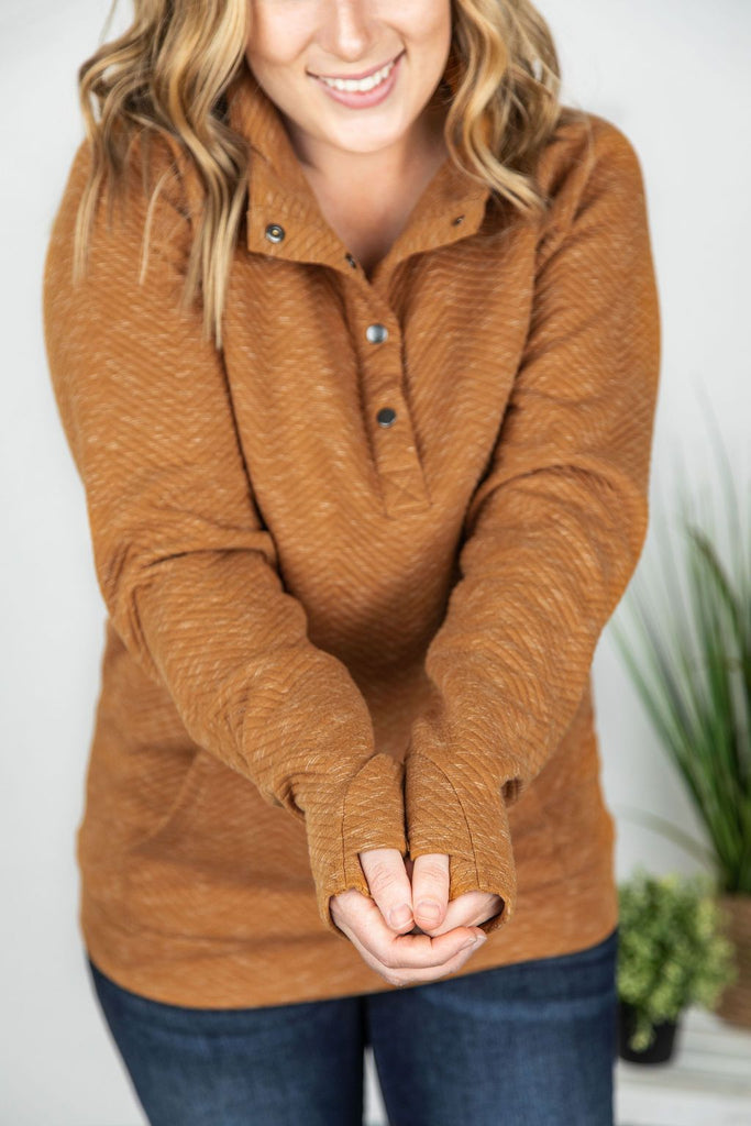Quilted Snap Pullover in Camel-Villari Chic, women's online fashion boutique in Severna, Maryland