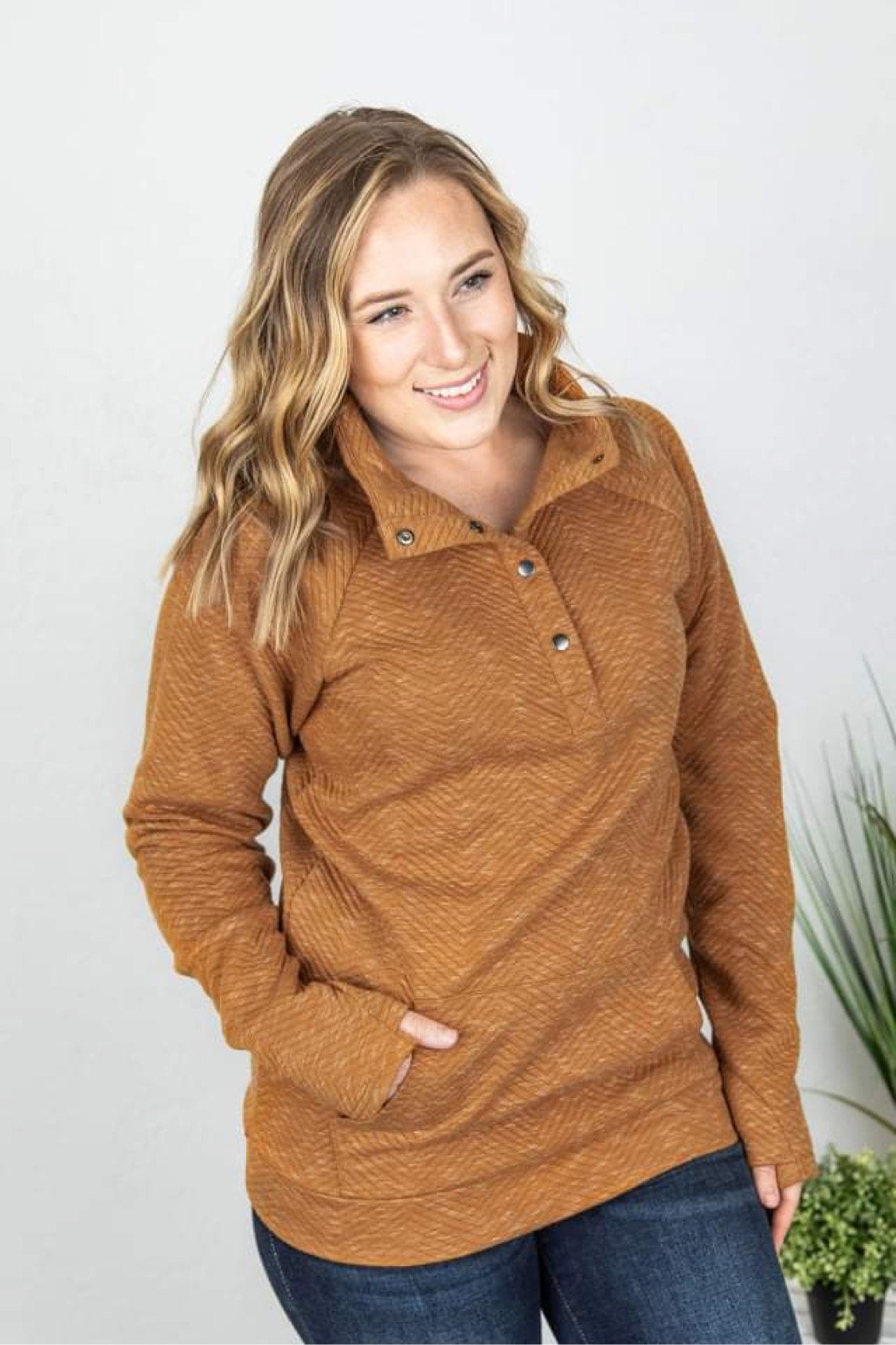 Quilted Snap Pullover in Camel-Villari Chic, women's online fashion boutique in Severna, Maryland