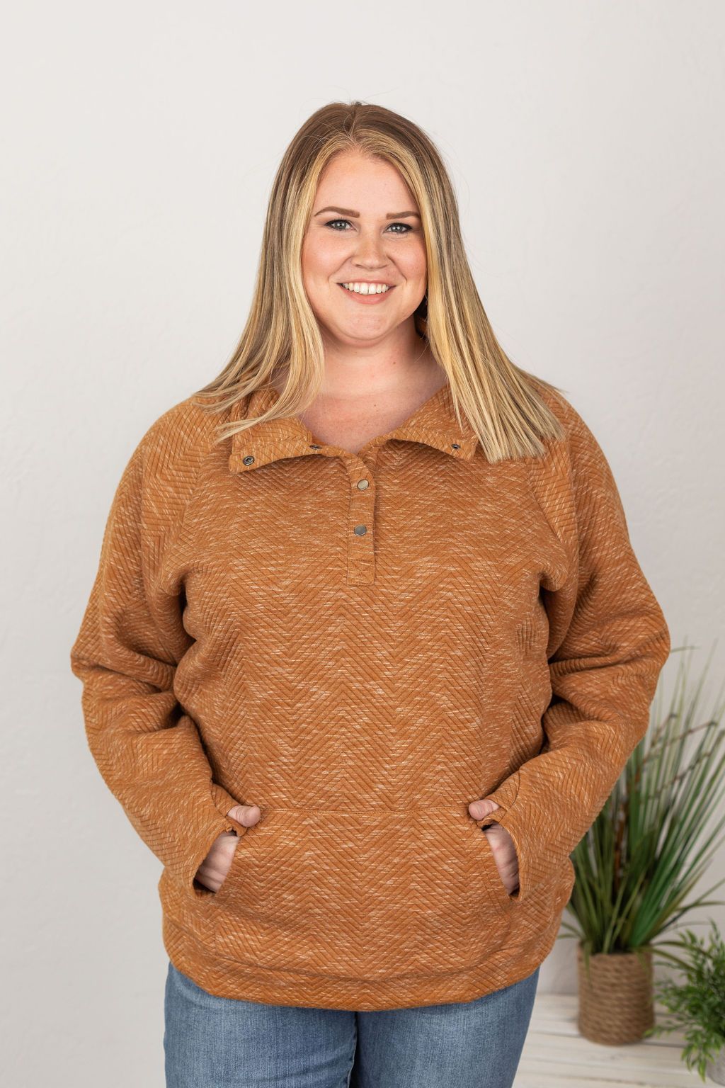 Quilted Snap Pullover in Camel-Villari Chic, women's online fashion boutique in Severna, Maryland