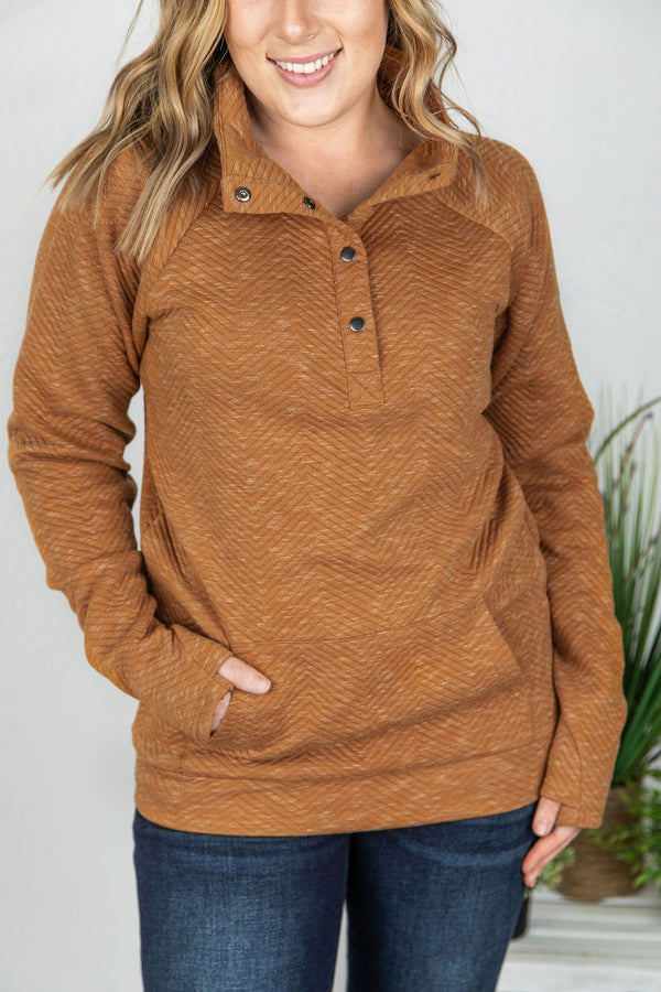 Quilted Snap Pullover in Camel-Villari Chic, women's online fashion boutique in Severna, Maryland