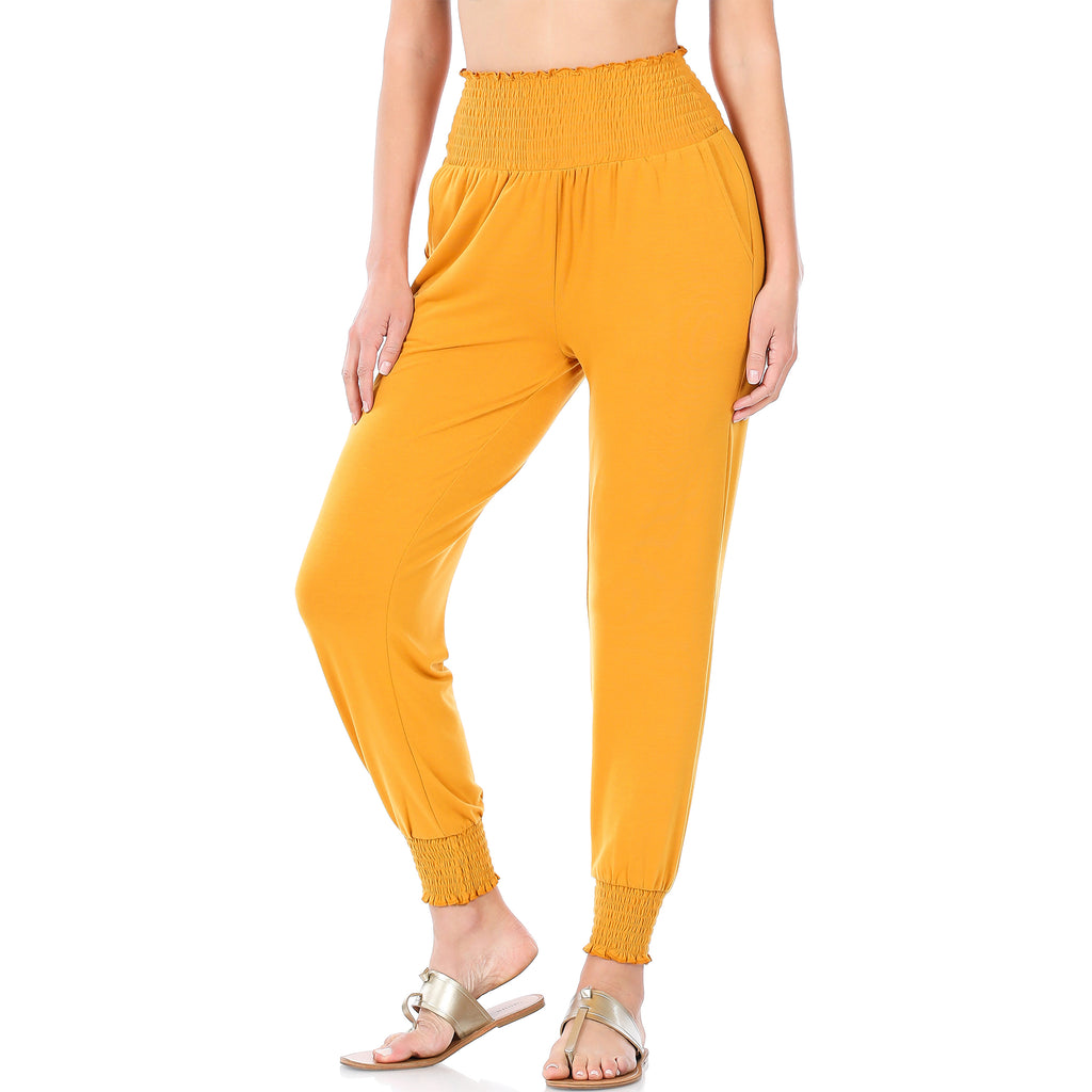 High-Waisted Smocked Joggers with Pockets in Golden Mustard-Villari Chic, women's online fashion boutique in Severna, Maryland