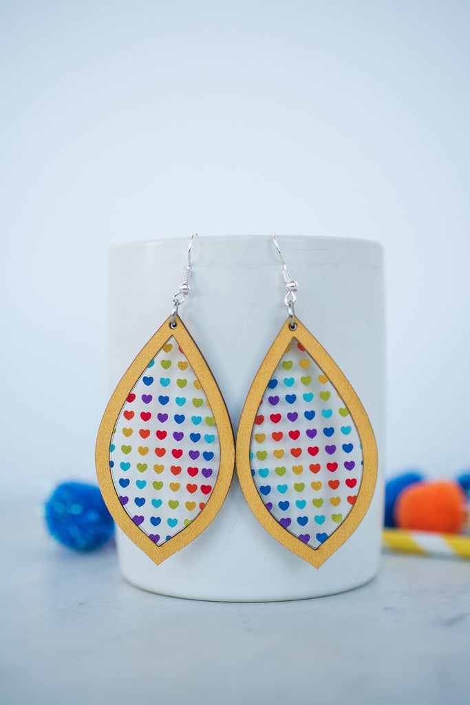Rainbow Heart Inset Dangle Earrings in Yellow-Villari Chic, women's online fashion boutique in Severna, Maryland