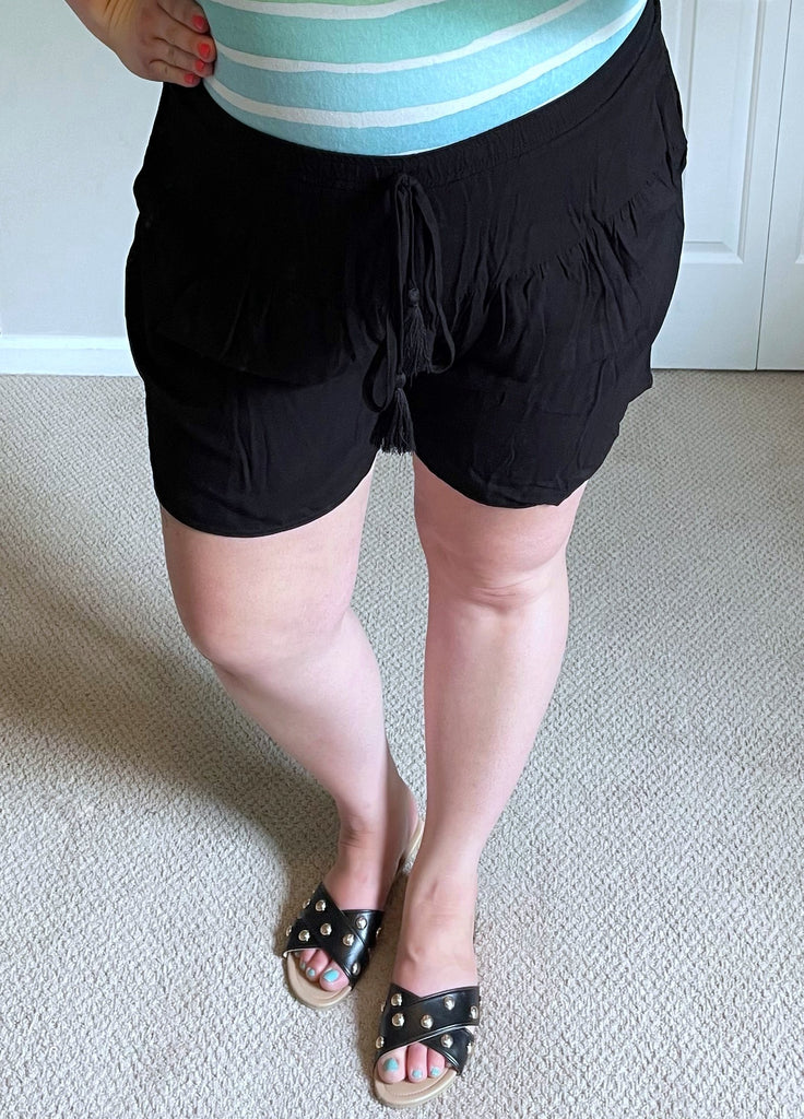 Rayon Slub Ruffle Bottom Shorts in Black-Villari Chic, women's online fashion boutique in Severna, Maryland