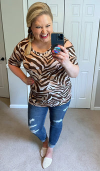 Riah Open-Shoulder Top in Brown Zebra-Villari Chic, women's online fashion boutique in Severna, Maryland