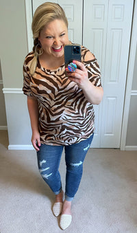 Riah Open-Shoulder Top in Brown Zebra-Villari Chic, women's online fashion boutique in Severna, Maryland