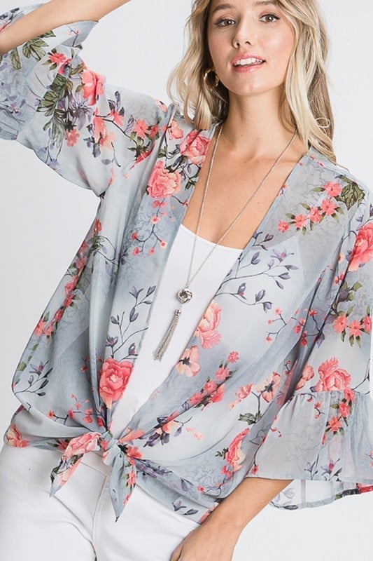 Ruffle-Sleeved Floral Cardigan in Light Grey-Villari Chic, women's online fashion boutique in Severna, Maryland
