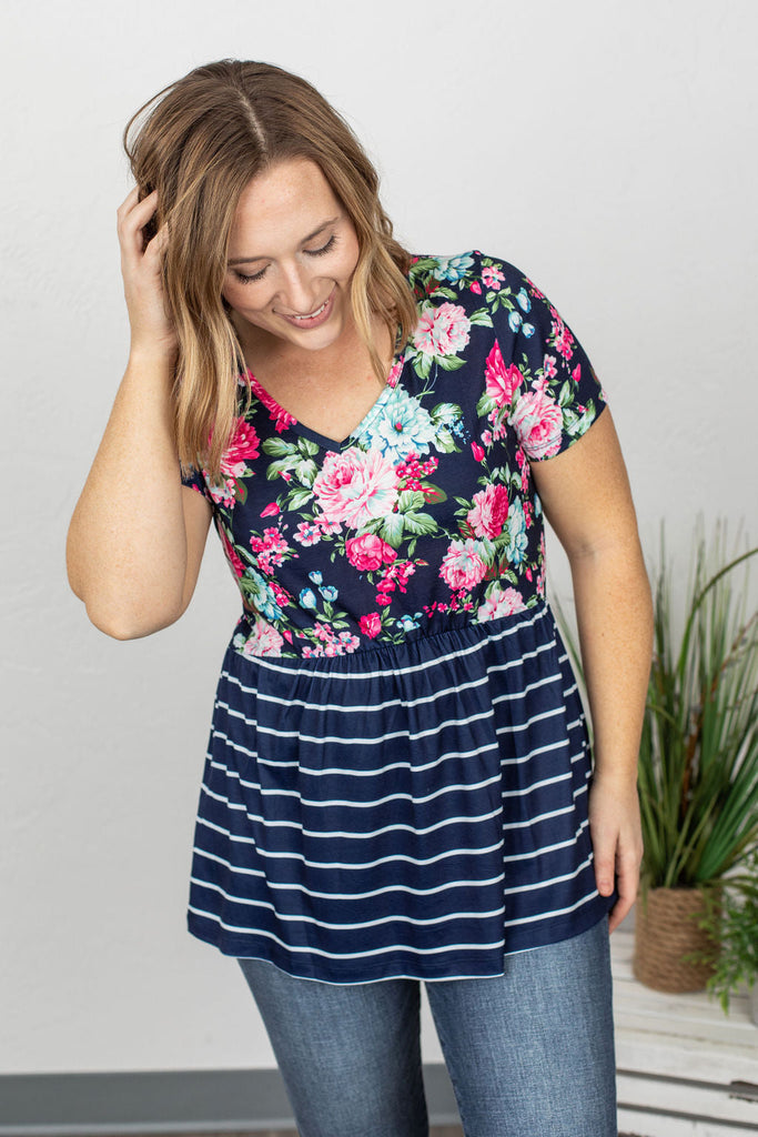 Sarah Babydoll Top in Navy Floral & Stripes-Villari Chic, women's online fashion boutique in Severna, Maryland