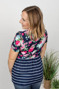 Sarah Babydoll Top in Navy Floral & Stripes-Villari Chic, women's online fashion boutique in Severna, Maryland