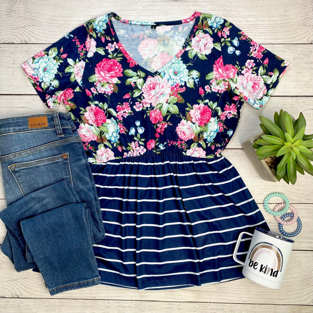 Sarah Babydoll Top in Navy Floral & Stripes-Villari Chic, women's online fashion boutique in Severna, Maryland