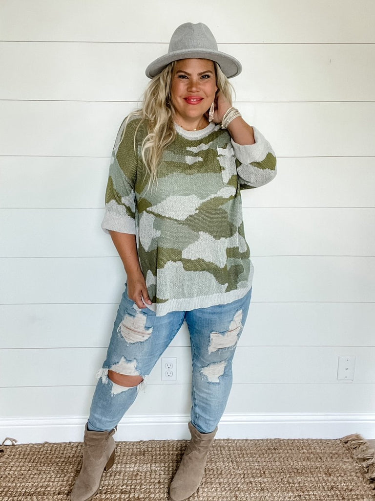 Scout Oversized Knit Top in Camo-Villari Chic, women's online fashion boutique in Severna, Maryland