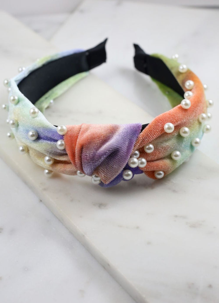 Sherbet Tie-Dye Headband with Pearl Accents in Multi-Villari Chic, women's online fashion boutique in Severna, Maryland