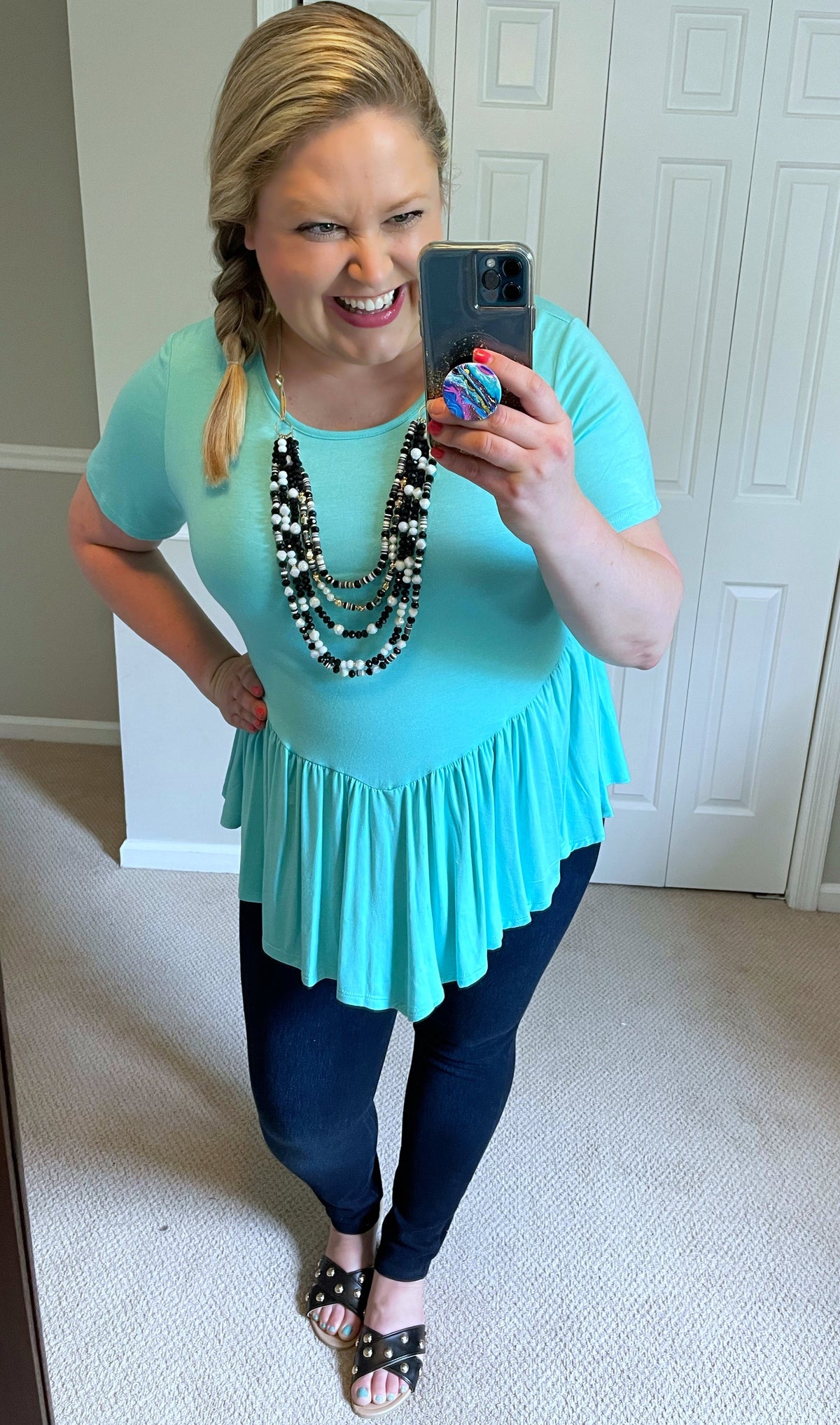 Short-Sleeved Modified Babydoll Top in Aqua-Villari Chic, women's online fashion boutique in Severna, Maryland