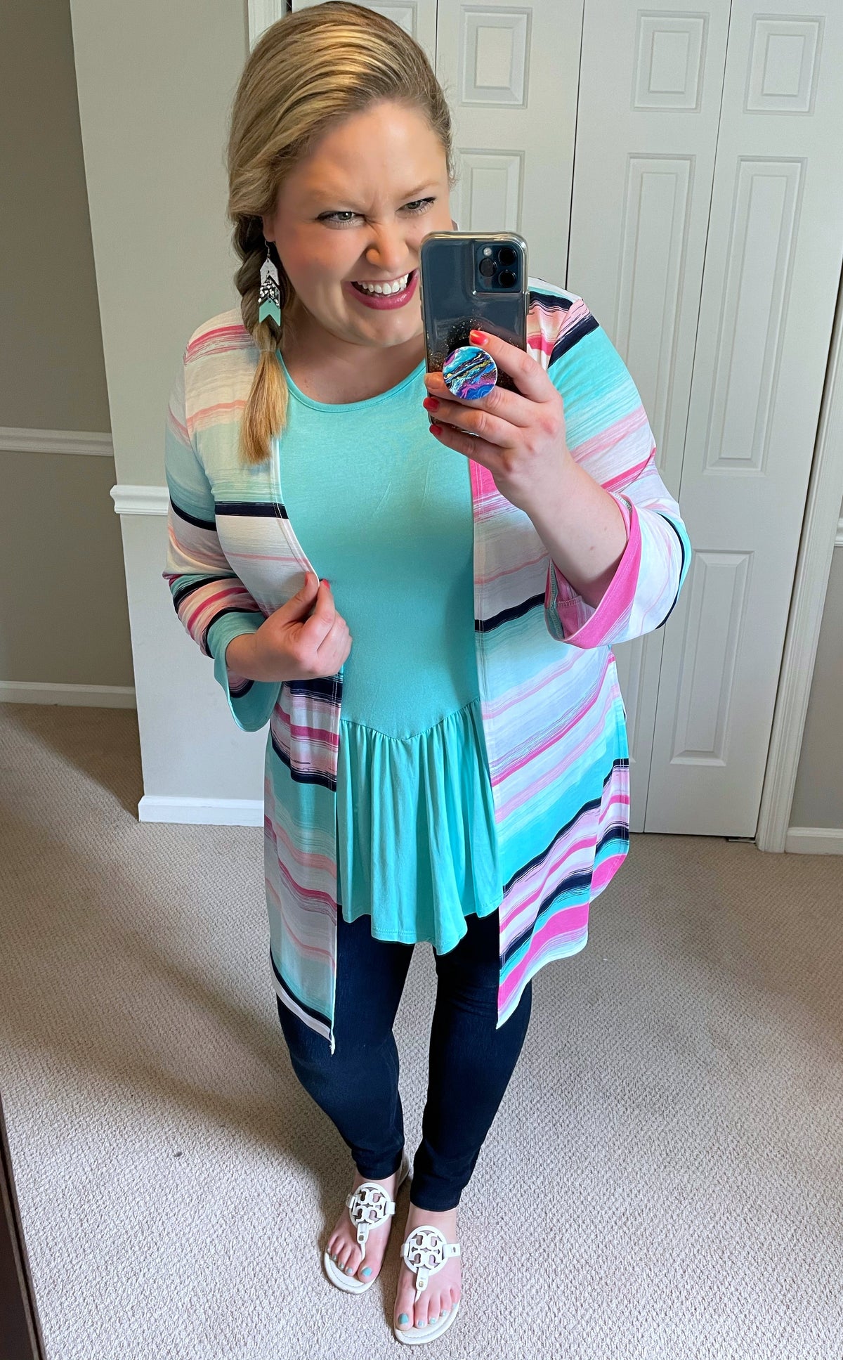 Short-Sleeved Modified Babydoll Top in Aqua-Villari Chic, women's online fashion boutique in Severna, Maryland