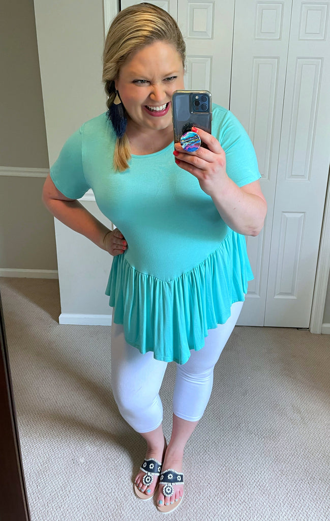 Short-Sleeved Modified Babydoll Top in Aqua-Villari Chic, women's online fashion boutique in Severna, Maryland