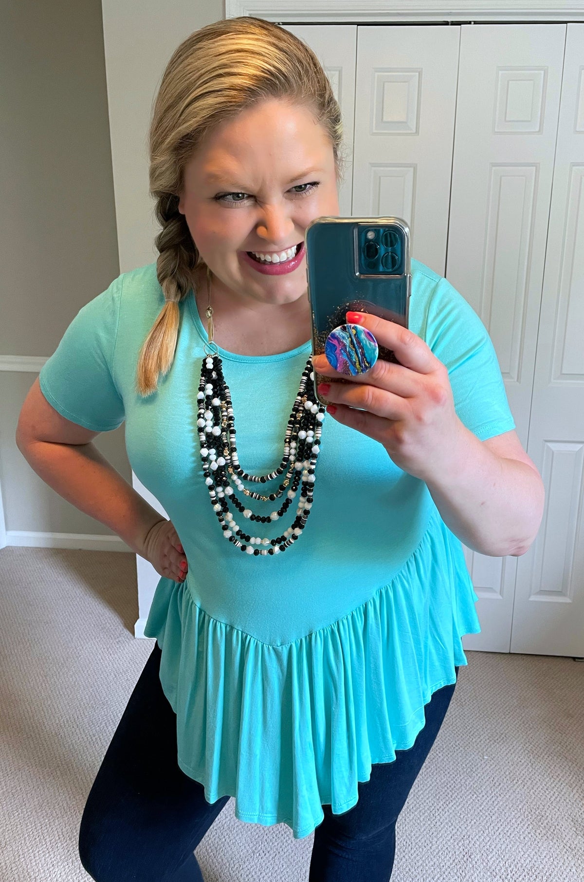 Short-Sleeved Modified Babydoll Top in Aqua-Villari Chic, women's online fashion boutique in Severna, Maryland