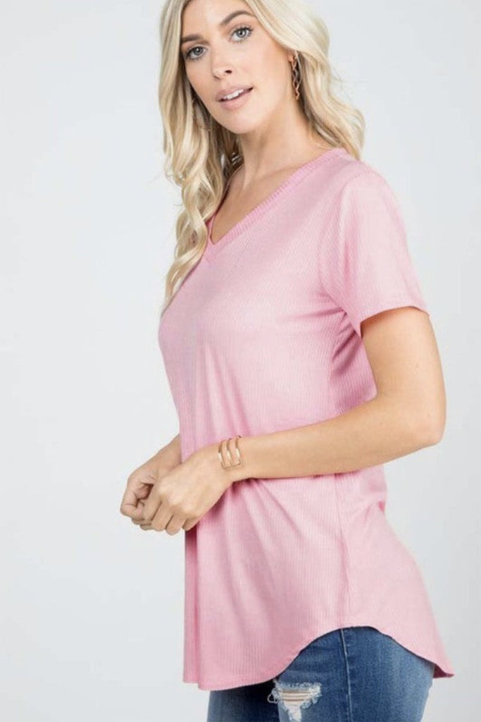Short-Sleeved Ribbed V-Neck Tee in Bubblegum Pink-Villari Chic, women's online fashion boutique in Severna, Maryland