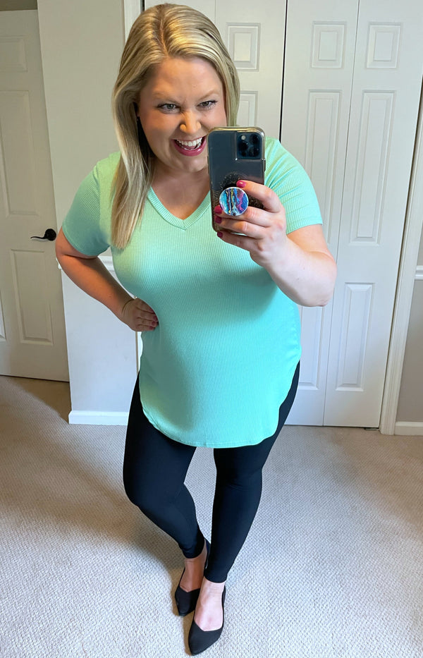 Short-Sleeved Ribbed V-Neck Tee in Mint-Villari Chic, women's online fashion boutique in Severna, Maryland