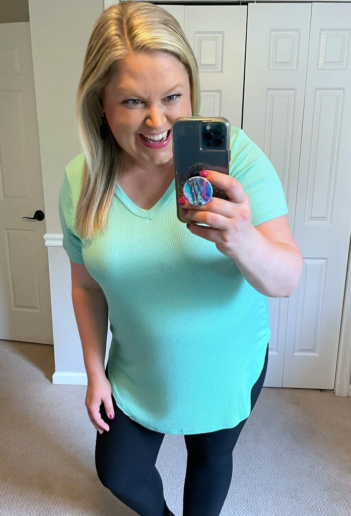 Short-Sleeved Ribbed V-Neck Tee in Mint-Villari Chic, women's online fashion boutique in Severna, Maryland