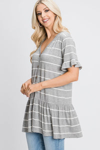 Short-Sleeved Ruffle Tunic in Light Heather Grey Stripe-Villari Chic, women's online fashion boutique in Severna, Maryland