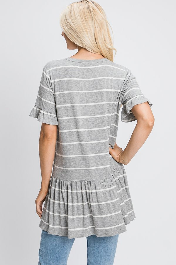 Short-Sleeved Ruffle Tunic in Light Heather Grey Stripe-Villari Chic, women's online fashion boutique in Severna, Maryland