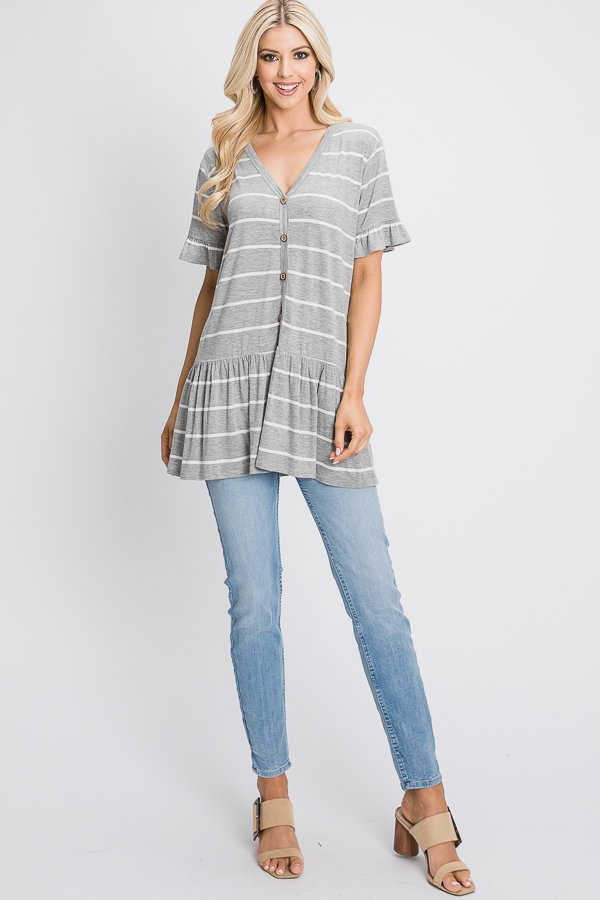 Short-Sleeved Ruffle Tunic in Light Heather Grey Stripe-Villari Chic, women's online fashion boutique in Severna, Maryland