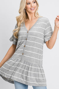 Short-Sleeved Ruffle Tunic in Light Heather Grey Stripe-Villari Chic, women's online fashion boutique in Severna, Maryland