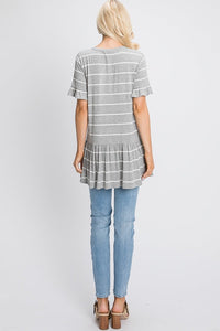 Short-Sleeved Ruffle Tunic in Light Heather Grey Stripe-Villari Chic, women's online fashion boutique in Severna, Maryland