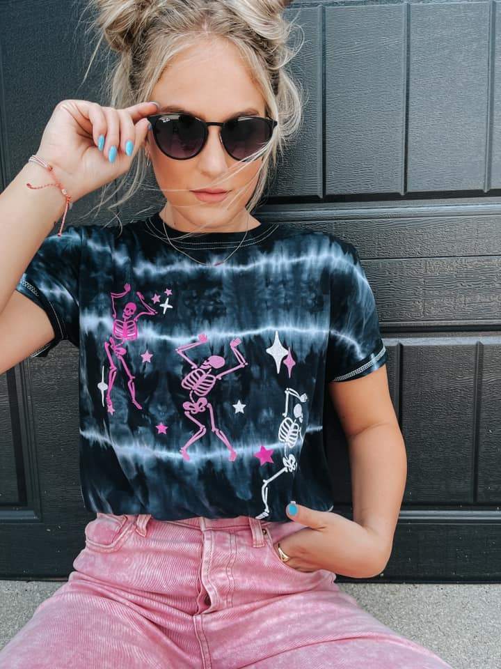 Skeleton Dance Tie-Dye Graphic Tee in Black-Villari Chic, women's online fashion boutique in Severna, Maryland