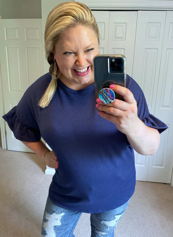 Ruffle-Sleeved Top with Open Back & Gathered Twist in Navy-Villari Chic, women's online fashion boutique in Severna, Maryland