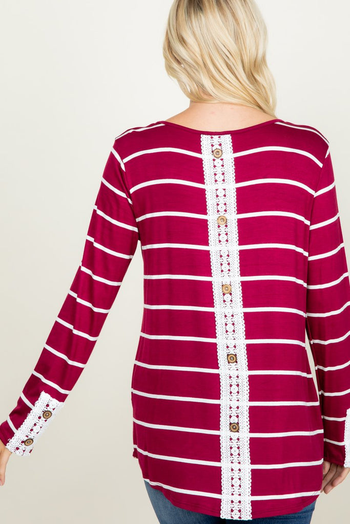 Striped Lace Back Tee in Dark Raspberry-Villari Chic, women's online fashion boutique in Severna, Maryland