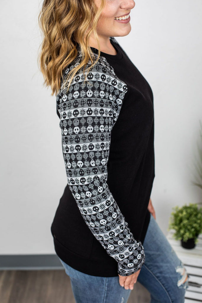 Sugar Skull Jacquard Sleeve Pullover in Black-Villari Chic, women's online fashion boutique in Severna, Maryland