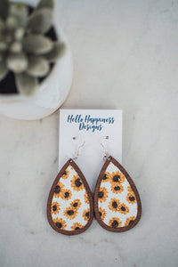 Sunflower Leather & Wooden Teardrop Dangle Earrings-Villari Chic, women's online fashion boutique in Severna, Maryland