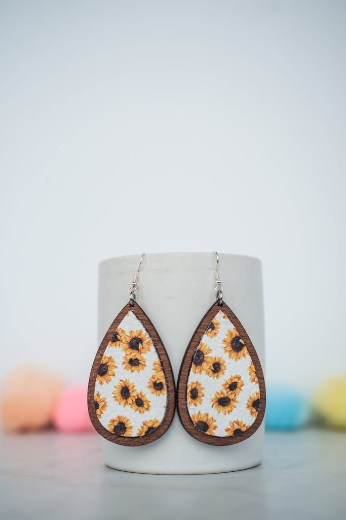 Sunflower Leather & Wooden Teardrop Dangle Earrings-Villari Chic, women's online fashion boutique in Severna, Maryland
