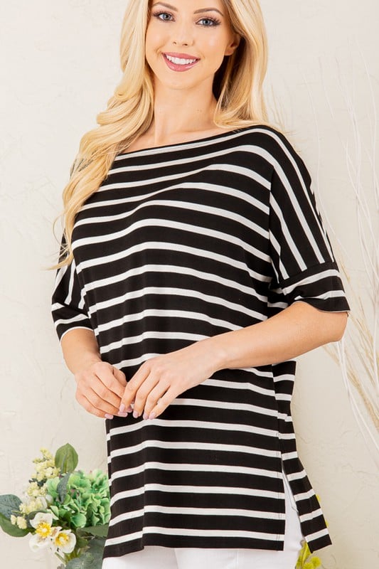 Take Me on a Ride Boat Neck Tee in Black & White Stripe-Villari Chic, women's online fashion boutique in Severna, Maryland
