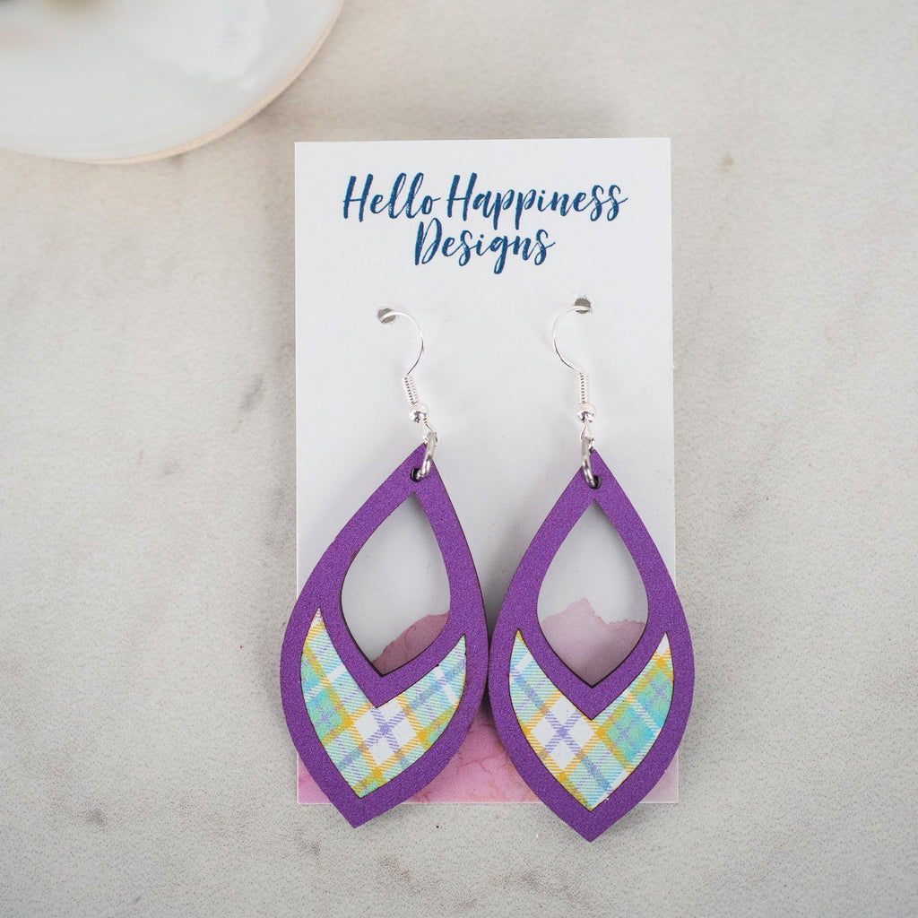Teal Plaid Inset Dangle Earrings in Purple-Villari Chic, women's online fashion boutique in Severna, Maryland