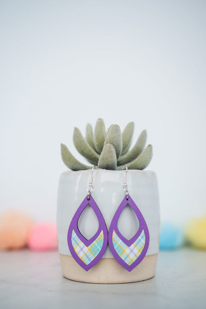 Teal Plaid Inset Dangle Earrings in Purple-Villari Chic, women's online fashion boutique in Severna, Maryland