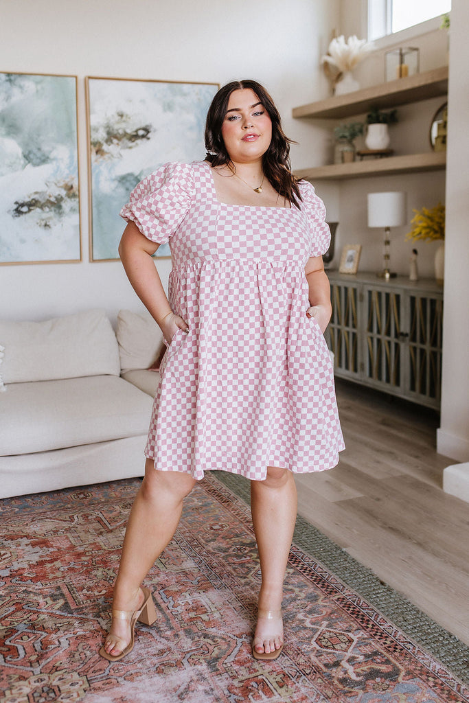 The Moment Checkered Babydoll Dress in Baby Pink-Womens-Villari Chic, women's online fashion boutique in Severna, Maryland