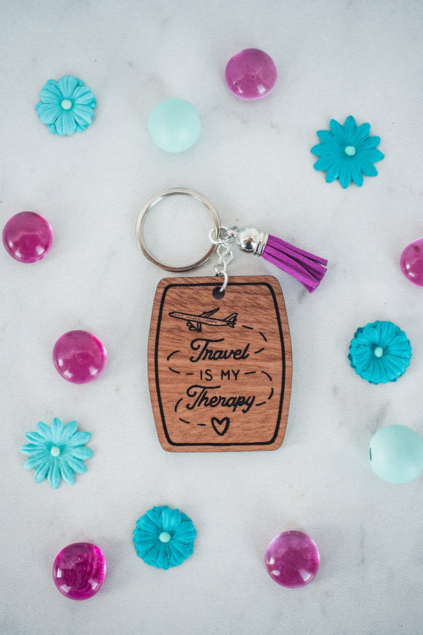 Travel is My Therapy Wood Keychain with Tassel-Villari Chic, women's online fashion boutique in Severna, Maryland